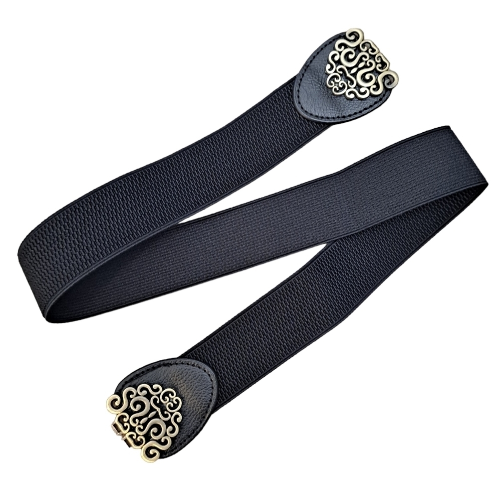 Black gold floral buckle faux leather corset boho stretch waist statement belt - Picture 8 of 12